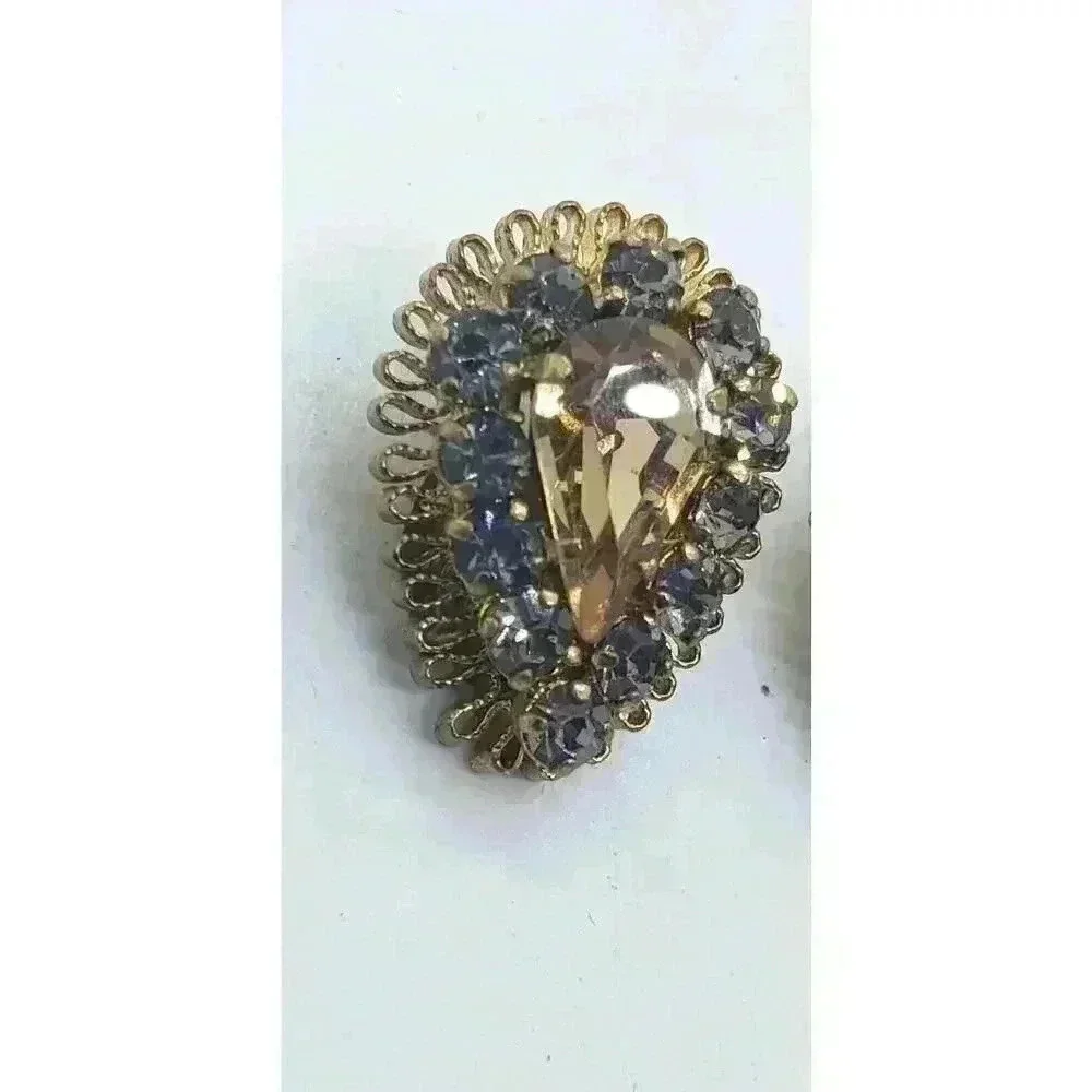 Vintage Earrings Clip Gold Filigree Topaz & Blue Rhinestone Drama Fancy Clip